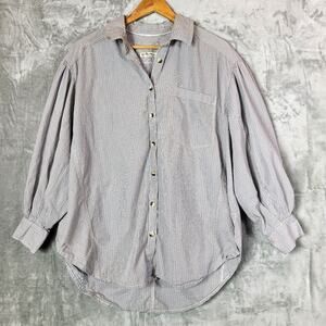 We the Free Oversized Blue Tan Stripe Button Up Balloon Sleeve Shirt Size L